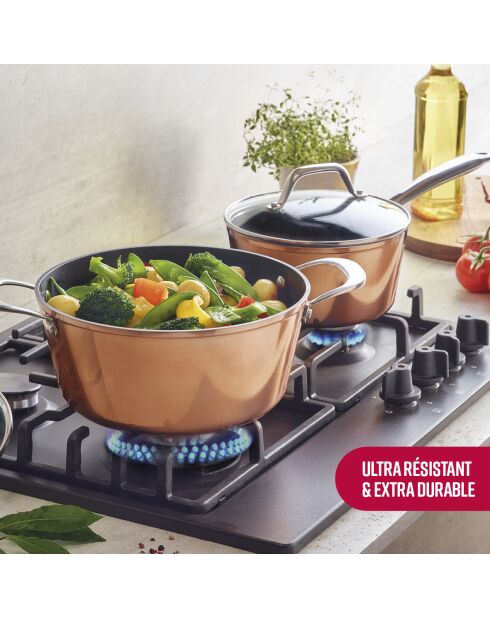 Set de 3 casseroles en aluminium forgé et acier inoxydable cuivre - 16 / 18 /20 cm