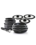 Set de 3 poêles. 3 casseroles avec poignée amovible. 3 couvercles en verre avec bouton en silicone noir / transparant