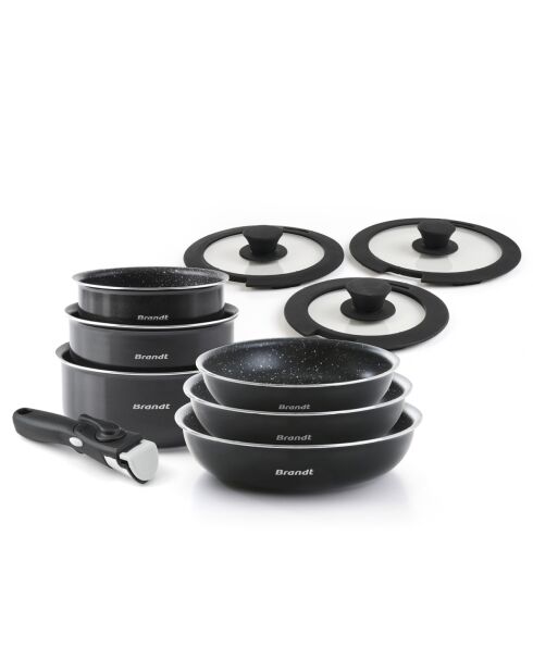 Set de 3 poêles. 3 casseroles avec poignée amovible. 3 couvercles en verre avec bouton en silicone noir / transparant