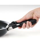 Set de 3 poêles. 3 casseroles avec poignée amovible. 3 couvercles en verre avec bouton en silicone noir / transparant