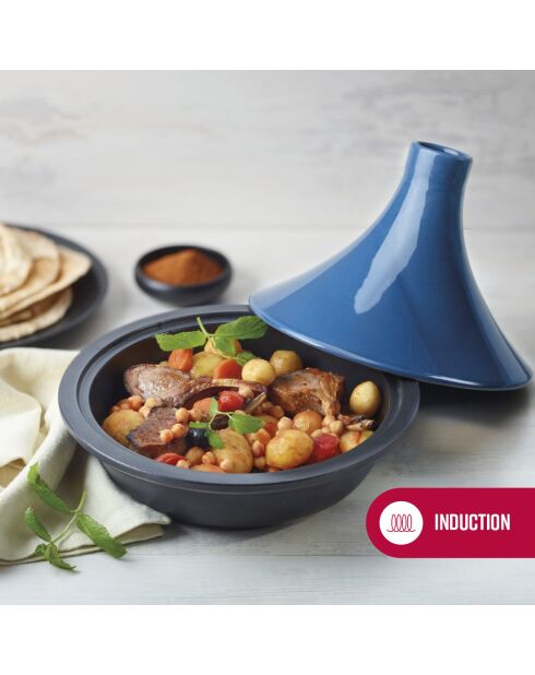 Tajine en fonte d'acier bleu avec couvercle en céramique - 29x23.5 cm