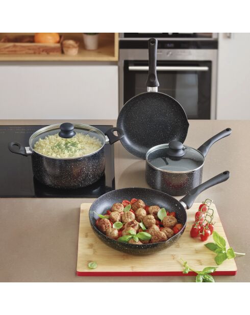 Batterie de cuisine Granite Pro 6 pièces en aluminium granite. 2 poêles et 2 casseroles avec couvercle marbre noir