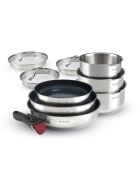 Set de 3 casseroles en inox. 3 poêles avec revêtement anti-adhérent. 1 poignée amovible. 3 couvercles passoires avec manche en inox argenté / noir / rouge