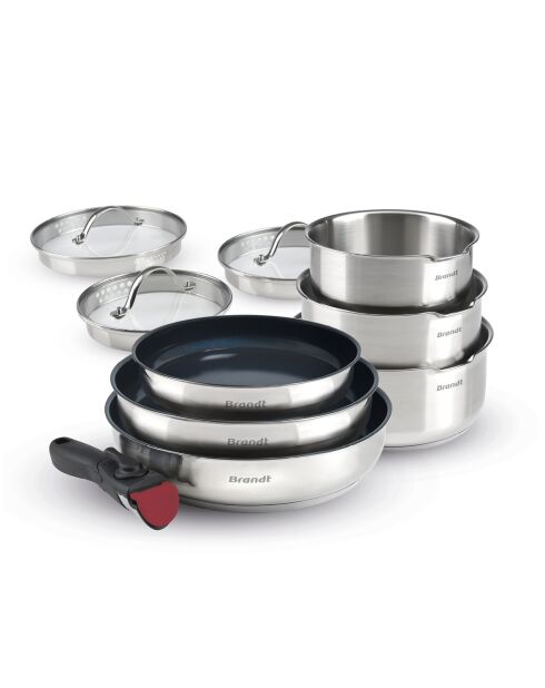 Set de 3 casseroles en inox. 3 poêles avec revêtement anti-adhérent. 1 poignée amovible. 3 couvercles passoires avec manche en inox argenté / noir / rouge