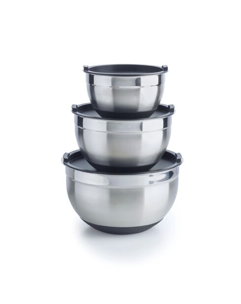 Set de 3 bols à mélanger en acier inoxydable avec couvercles - 16 / 20 /24 cm