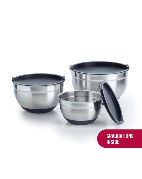 Set de 3 bols à mélanger en acier inoxydable avec couvercles - 16 / 20 /24 cm