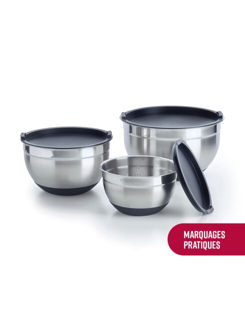 Set de 3 bols à mélanger en acier inoxydable avec couvercles - 16 / 20 /24 cm