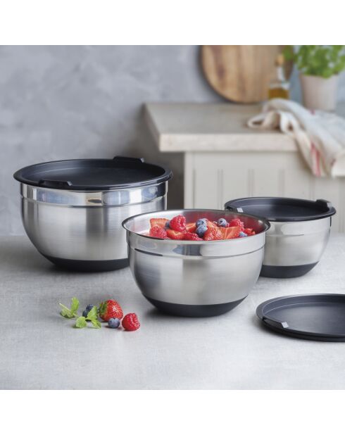Set de 3 bols à mélanger en acier inoxydable avec couvercles - 16 / 20 /24 cm