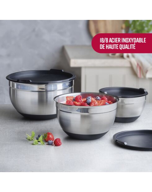 Set de 3 bols à mélanger en acier inoxydable avec couvercles - 16 / 20 /24 cm