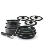 Set de 3 poêles. 3 casseroles. 3 couvercles. 1 poignée amovible noir / diamant perlé
