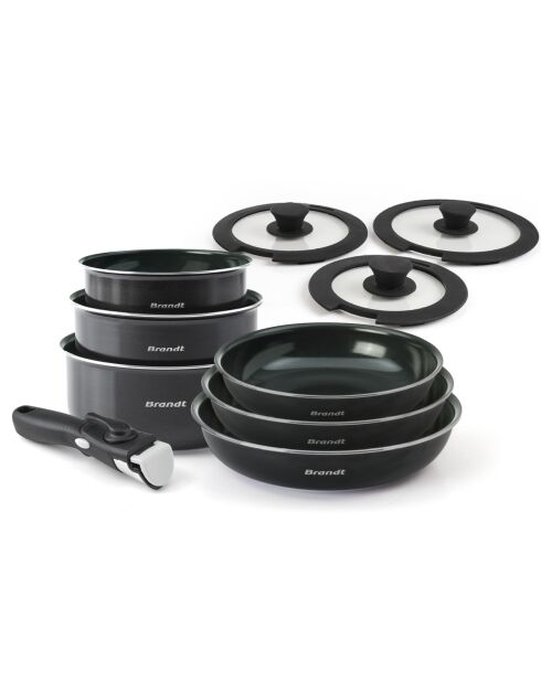 Set de 3 poêles. 3 casseroles. 3 couvercles. 1 poignée amovible noir / diamant perlé