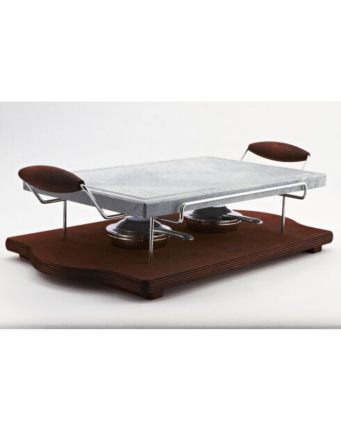 Grande pierre de cuisson rectangulaire avec cadre chromé, montée sur un socle en bois et équipée de 2 brûleurs grise - 25x40cm/30x52cm