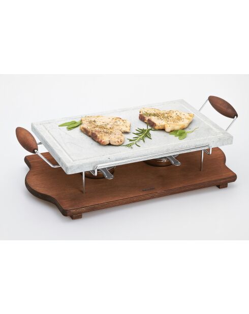 Grande pierre de cuisson rectangulaire avec cadre chromé, montée sur un socle en bois et équipée de 2 brûleurs grise - 25x40cm/30x52cm