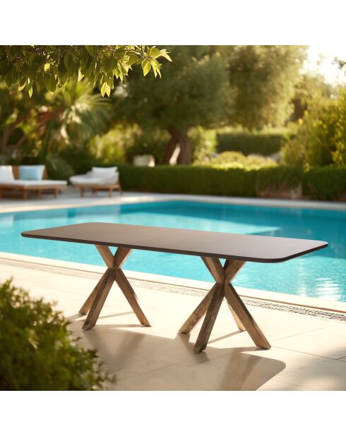 Table à manger effet béton pieds en bois d'acacia marron - 240x100x75 cm