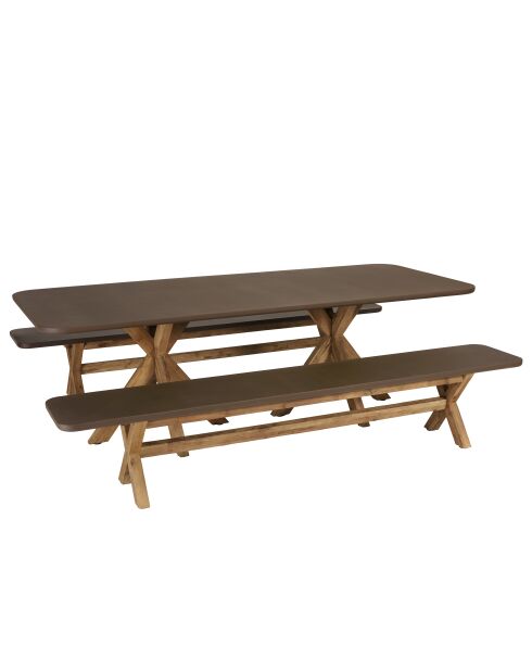 Ensemble table et bancs effet béton pieds en bois d'acacia marron