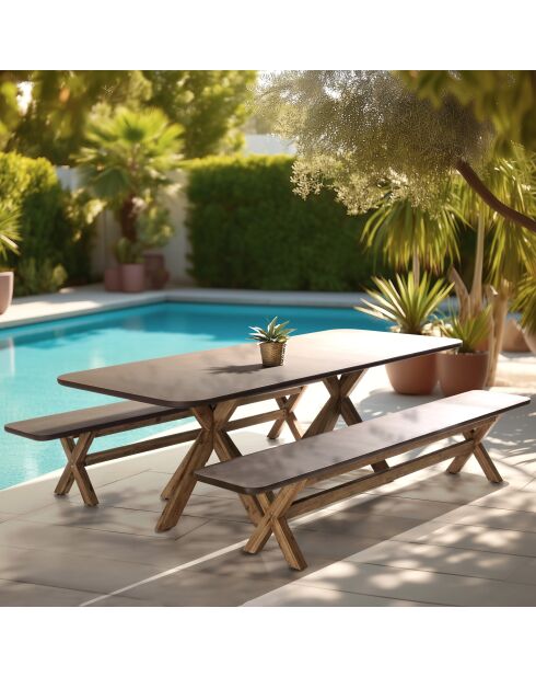 Ensemble table et bancs effet béton pieds en bois d'acacia marron