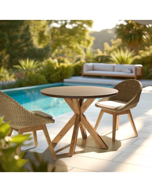 Table à manger ronde effet béton pied en bois d'acacia marron - D.100cm