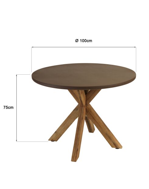 Table à manger ronde effet béton pied en bois d'acacia marron - D.100cm