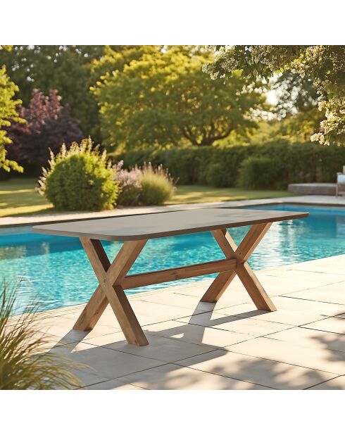 Table à manger effet béton pied en bois d'acacia marron - 200x100x74,5 cm