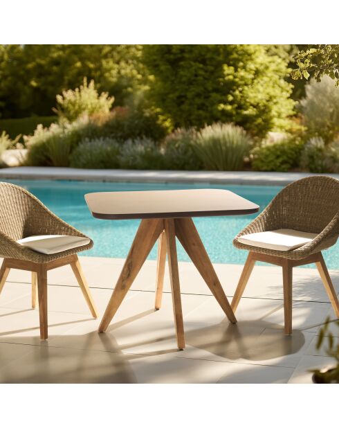 Table à manger carrée effet béton pied bois d'acacia marron - 90x90x75 cm