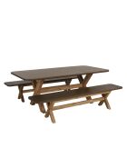 Ensemble table et bancs effet béton pieds en bois d'acacia marron - 200/200x40/100x44,5/74,5 cm