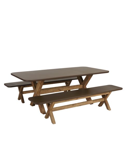 Ensemble table et bancs effet béton pieds en bois d'acacia marron - 200/200x40/100x44,5/74,5 cm