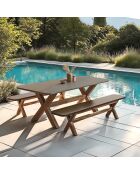 Ensemble table et bancs effet béton pieds en bois d'acacia marron - 200/200x40/100x44,5/74,5 cm