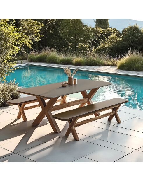 Ensemble table et bancs effet béton pieds en bois d'acacia marron - 200/200x40/100x44,5/74,5 cm