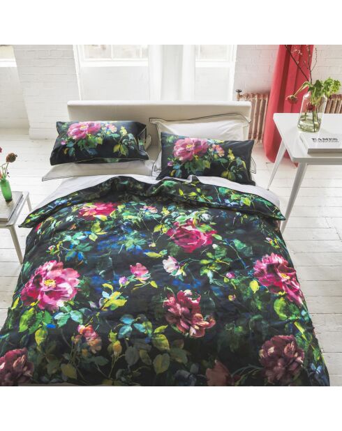 Taie d'oreiller imprimée en satin de coton Gertrude noir/rose fuchsia - 50x75 cm