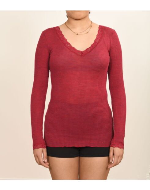 Body de lana y seda con cuello en V y estampado bordado de frambuesa
