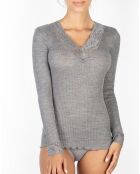 Top in lana e microfibra con scollo a V in pizzo argentato