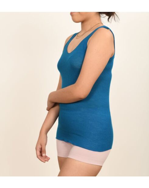 Zigeunerblaues, nahtloses Tanktop aus Wolle und Seide mit V-Ausschnitt
