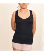 Tanktop aus Baumwolle und Seide mit dünnen Trägern und marineblauer Spitze