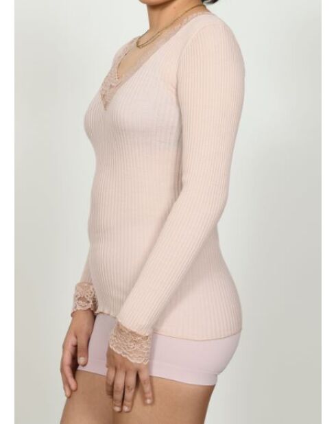 Top en Laine & Microfibre col V Dentelle rose antique