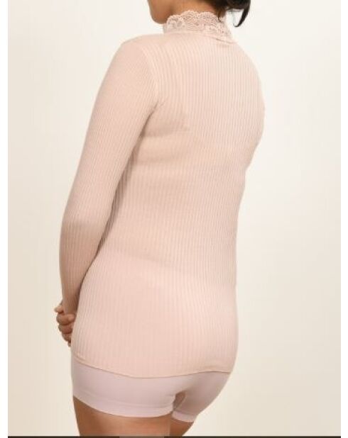 Sous-pull en Laine & Microfibre Col cheminée Dentelle rose antique