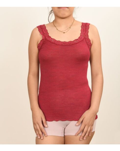 Camisola de lana y seda sin tirantes con encaje sin costuras y frambuesa