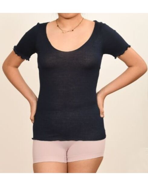 Top en Laine & Soie col large sans coutures bleu