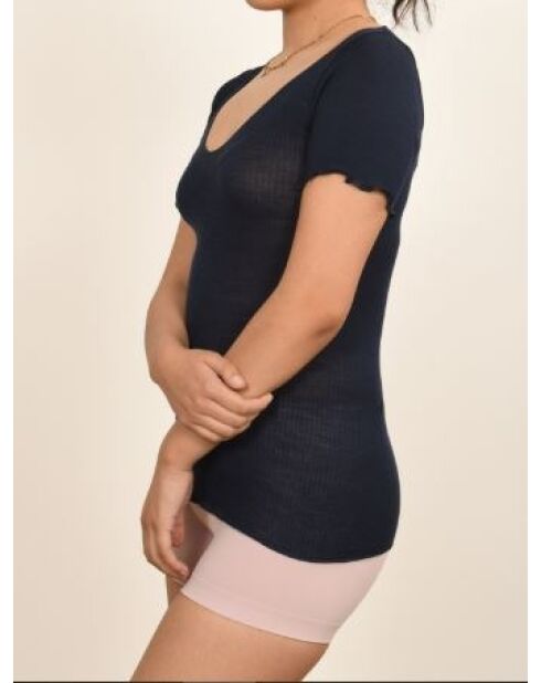 Top en Laine & Soie col large sans coutures bleu