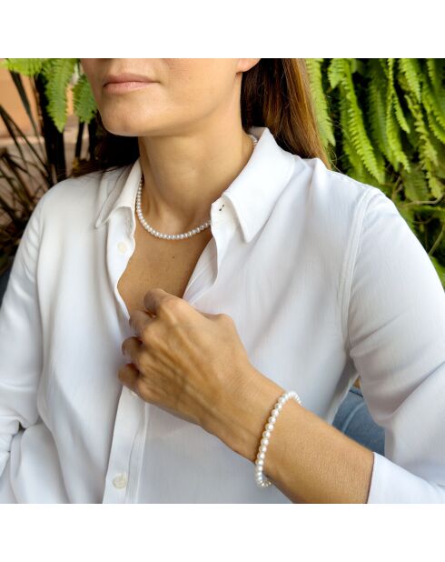 Parure en Or Blanc Collier & Bracelet Perles de Culture d'Eau Douce Rondes blanches