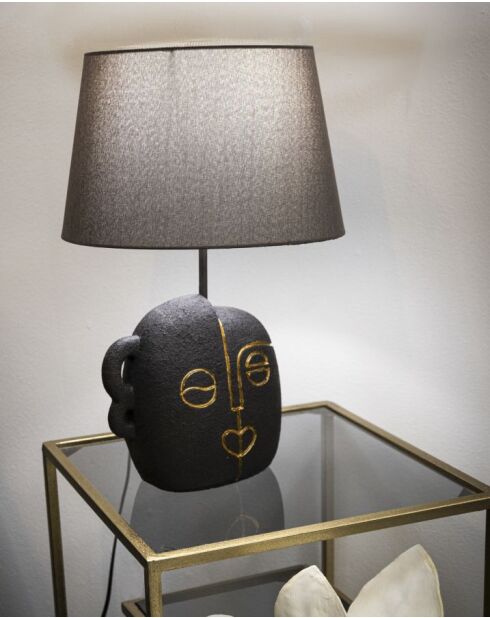 Lampe de table en polyrésine, fer et tissu Tribal (modèle A) brun et or – D.30,5x46 cm