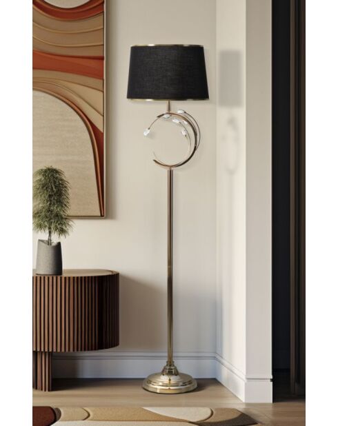 Stehlampe aus Eisen, Glas und schwarzem Brüsseler Stoff — D.38x160 cm