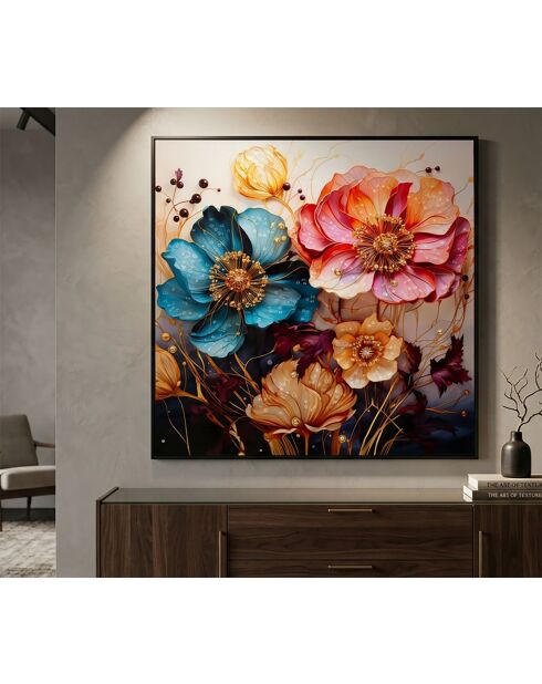 Tableau sur toile laquée en métal, bois de sapin et toile Narcy (modèle A) avec cadre multicolore – 82x4x82 cm