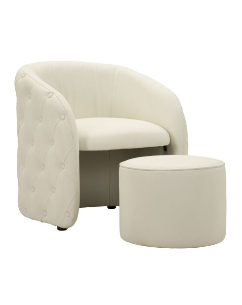 Fauteuil met voetenbank in grenenhout, mdf, spons en witte Zagreb pu — 76x75x80 cm /D.47x35 cm