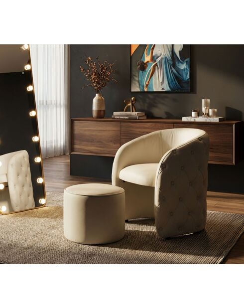 Fauteuil met voetenbank in grenenhout, mdf, spons en witte Zagreb pu — 76x75x80 cm /D.47x35 cm