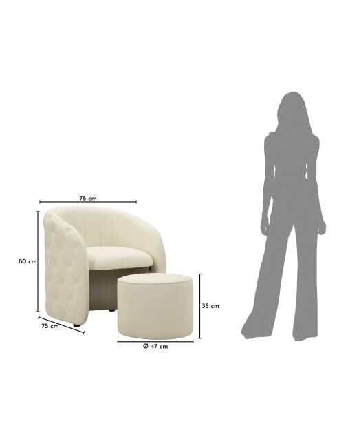 Fauteuil met voetenbank in grenenhout, mdf, spons en witte Zagreb pu — 76x75x80 cm /D.47x35 cm