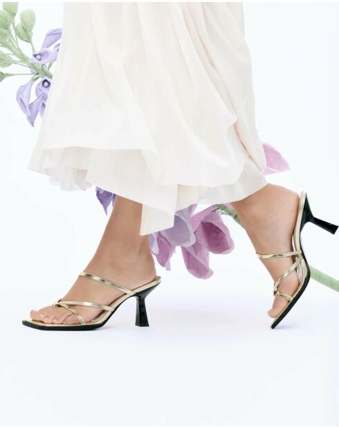 Mules à talon à brides et bout carré en cuir Misty dorées