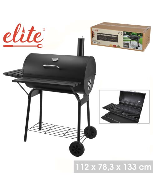 Barbecue avec cheminée et 2 etagères Elite noir - 112x78,3x133 cm