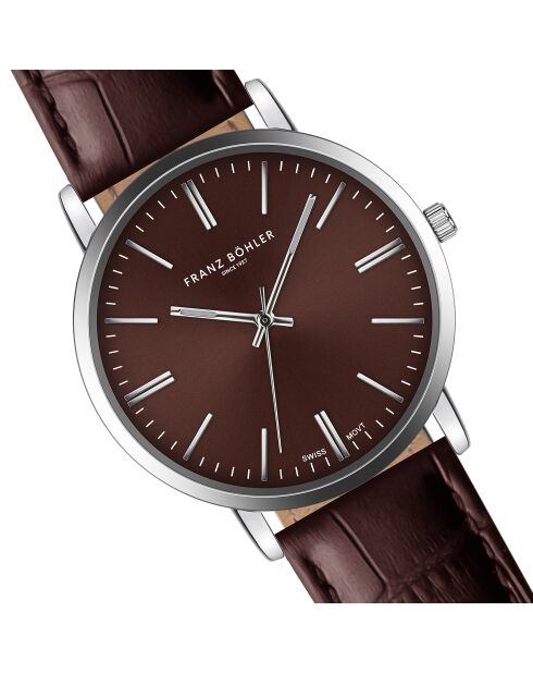 Reloj para hombre de piel lisa acolchado y cosido Lungern silver croco brown