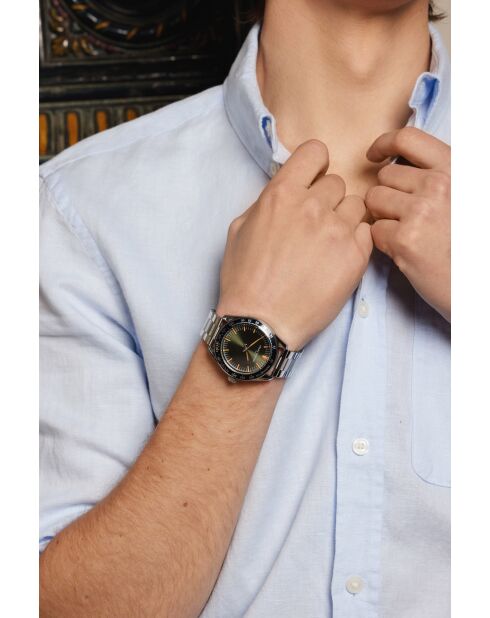 Reloj Greifensee de malla fina plateado/verde oscuro para hombre
