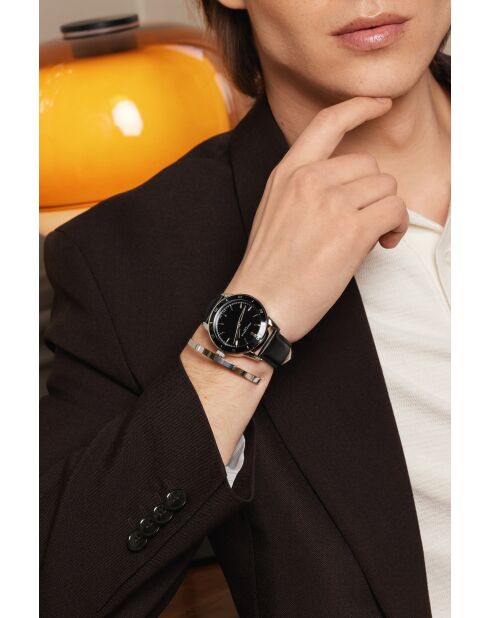 Reloj Katzensee negro de piel lisa acolchado y cosido para hombre